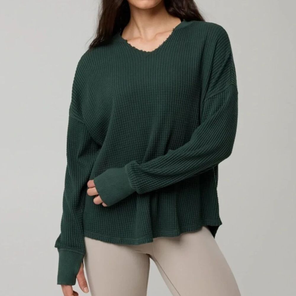 OFFLINE by Aerie Waffle Thermal Top XXS Green Oversized Thumbhole Long Sleeve
